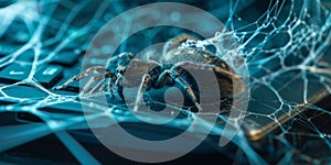 A surreal illustration of a computer mouse entangled in a web with a spider metaphorically capturing the concept of a software