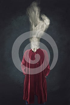 Surreal illustration of a disappearing man enveloped in white smoke