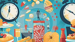 Surreal illustration with oversized food and people interacting with timepieces., Generated AI