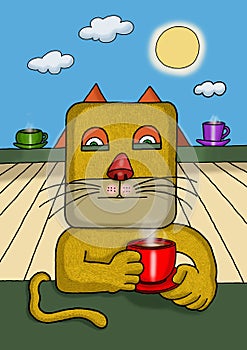 Surreal illustration of a square face cat