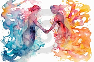 Surreal illustration of two figures floating in a sea of vibrant watercolor swirls, with their hands reaching out to touch,