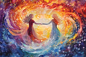 Surreal illustration of two figures floating in a sea of vibrant watercolor swirls, with their hands reaching out to touch,