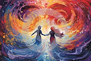 Surreal illustration of two figures floating in a sea of vibrant watercolor swirls, with their hands reaching out to touch,