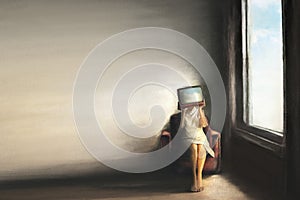 Surreal illustration of a woman with her head hidden by a tv projecting a sky