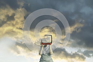 Surreal illustration of a woman with her head hidden by a tv projecting a sky photo