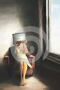 Surreal illustration of a woman with her head hidden by a tv projecting a sky