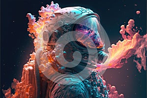 Surreal image of astronaut with floating intrinsic iridescent in nebula.