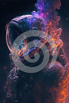 Surreal image of astronaut with floating intrinsic iridescent in nebula.