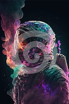 Surreal image of astronaut with floating intrinsic iridescent in nebula.