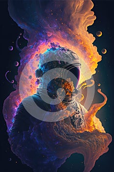 Surreal image of astronaut with floating intrinsic iridescent in nebula.