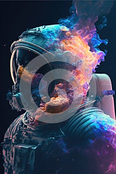 Surreal image of astronaut with floating intrinsic iridescent in nebula.