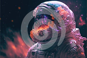 Surreal image of astronaut with floating intrinsic iridescent in nebula.