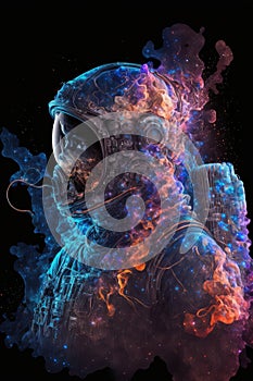 Surreal image of astronaut with floating intrinsic iridescent in nebula.