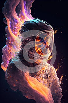 Surreal image of astronaut with floating intrinsic iridescent in nebula.
