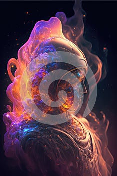 Surreal image of astronaut with floating intrinsic iridescent in nebula.