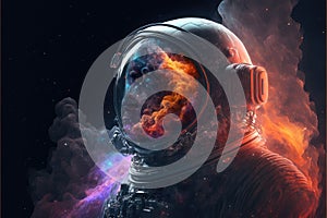Surreal image of astronaut with floating intrinsic iridescent in nebula.