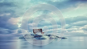 Surreal image with a bench on a deserted island