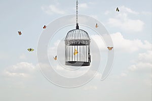 Surreal image of a butterfly trapped in a cage and other free flying butterflies