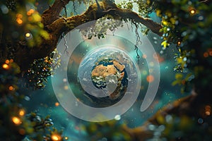 Surreal image of Earth cradled by tree branches, Generated AI