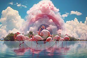 A surreal image of a group of flamingos enjoying a summer day at the beach, surrounded by pink flamingo-shaped clouds and palm