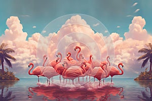 A surreal image of a group of flamingos enjoying a summer day at the beach, surrounded by pink flamingo-shaped clouds and palm