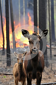 A surreal image of a moose cow and her calf amidst the chaotic beauty of a forest fire