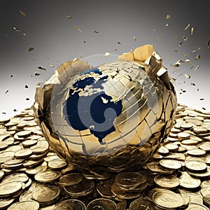 A surreal image showing giant coins and banknotes devouring the planet. AI generated