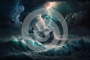 Surreal image of stormy sea with lightning. 3D rendering