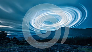 Swirling light vortex above mountain landscape, ai generated