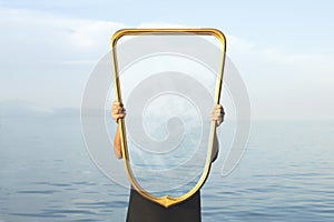 Surreal image of a transparent mirror concept of door to freedom