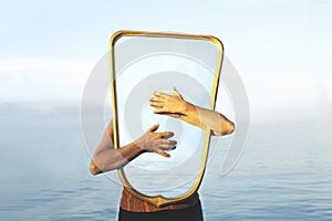 Surreal image of a transparent mirror concept of door to freedom