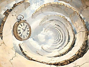 Surrealism of an antique clock floating amidst a swirling rocky vortex Generattive AI Illustration photo