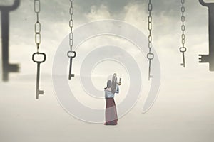 Surreal image of a woman choosing a key among many hanging in the sky. Concept of solution, choice, password, success, freedom