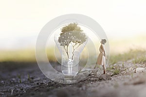 Woman who observes intrigued a giant bulb containing a tree for renewable energy photo