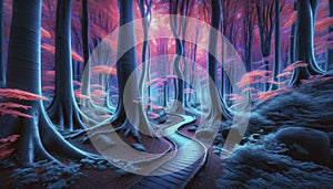 Surreal Infrared Forest with Winding Path