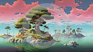 Surreal Island Ecosystem Painting In The Style Of Jim Burns And Greg Hildebrandt