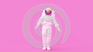 Surreal jumping astronaut or cosmonaut or spaceman in space suit, futuristic sci-fi cosmic galactic background, 3d render modern t