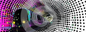 A surreal, kaleidoscopic vision of a train hurtling through a tunnel. photo
