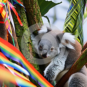 A surreal koala with a tail of rainbow ribbons, clinging to a fantastical eucalyptus tree1, Generative AI