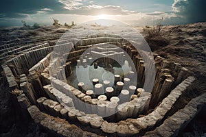 Surreal labyrinth concept with magic maze and ancient pathway.