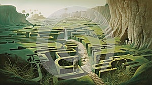 Surreal labyrinth concept with magic maze and ancient pathway.