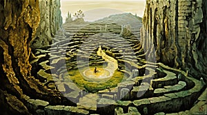 Surreal labyrinth concept with magic maze and ancient pathway.