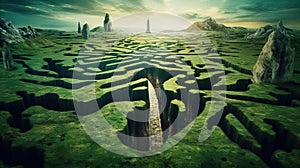 Surreal labyrinth concept with magic maze and ancient pathway.
