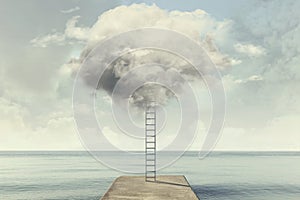 Surreal ladder rises up into the sky in a silent sea view