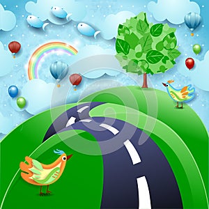 Surreal landscape with big tree, hill, birds, balloons and flying fishes