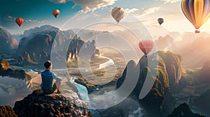 Surreal Landscape with Colorful Hot Air Balloons and Seated Person. Dreamy Nature Scenery. Digital Artwork for Creative