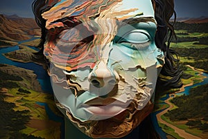 Surreal Landscape-Face Fusion Artwork. Artistic Topography and Facial Features Merge. Generative AI