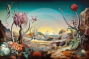 Surreal landscape in fantasy World with strange dreamy flowers, illustration, generative AI