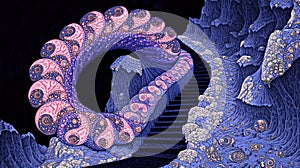 A surreal landscape featuring a swirling, colorful structure amidst intricate textures