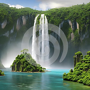 A surreal landscape of floating islands, adorned with majestic waterfalls, mystical caves, and lush green forests1, Generative A photo